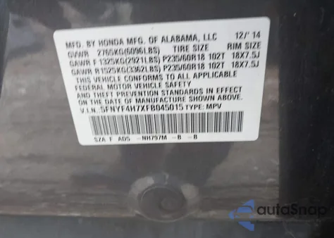 2015 Honda Pilot Ex-L z USA, uszkodzony, nr VIN 5FNYF4H7XFB045015